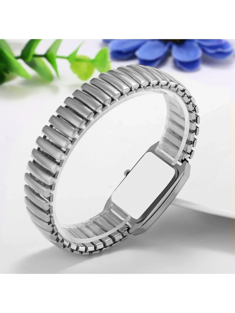 Women's Silver Analog Quartz White Dial Easy Reader Stretch Band Wrist Watch